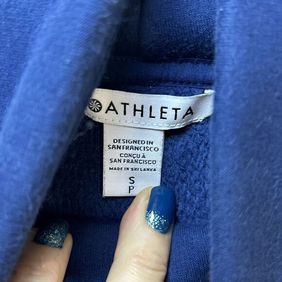 Athleta Cozy Karma Dress Size Small Blue Cowl Neck Kangaroo Pocket Zippers - Picture 2 of 9